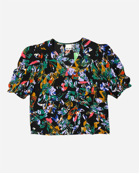 Ichi Black Floral Print Short Sleeve Shirt