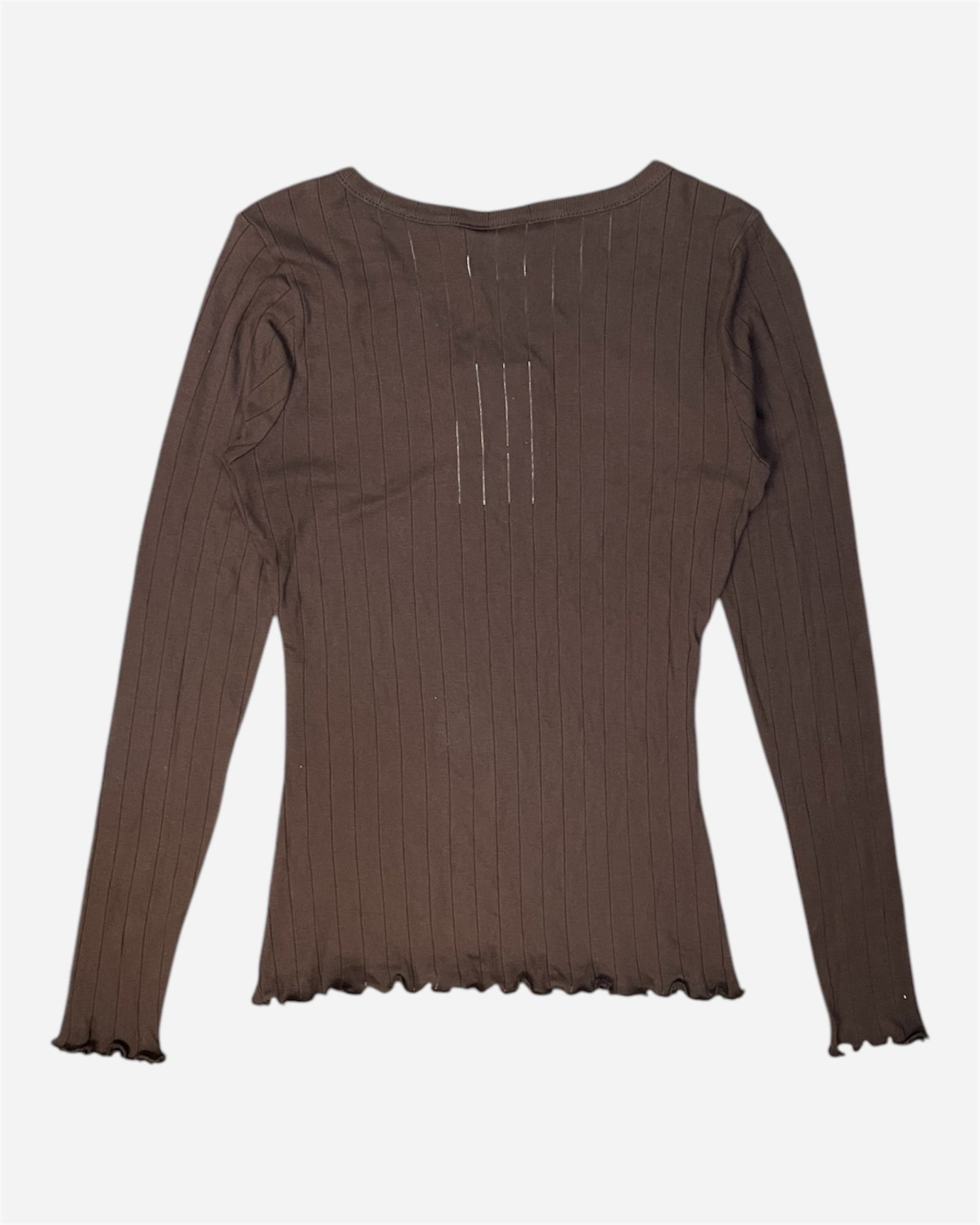 Ichi Brown Wide Ribbed Henley Long Sleeve T-Shirt