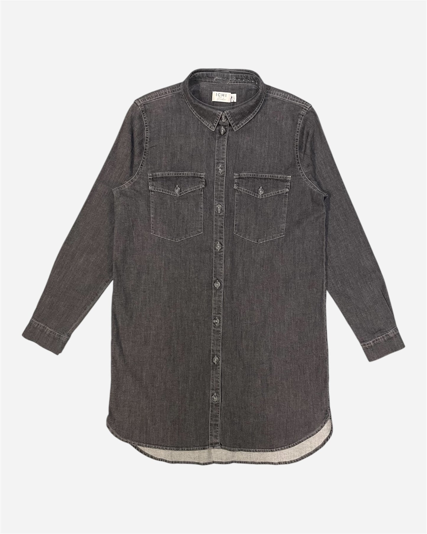 Ichi Washed Black Stretch Denim Shirt Dress